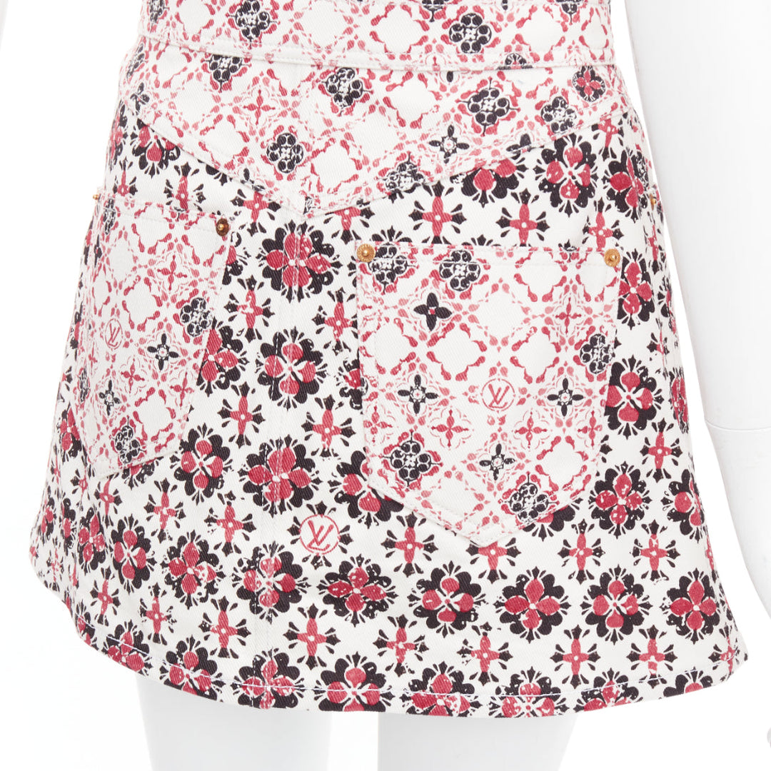 LOUIS VUITTON 2023 Vintage Monogram red cream floral denim zip skirt FR34 XS