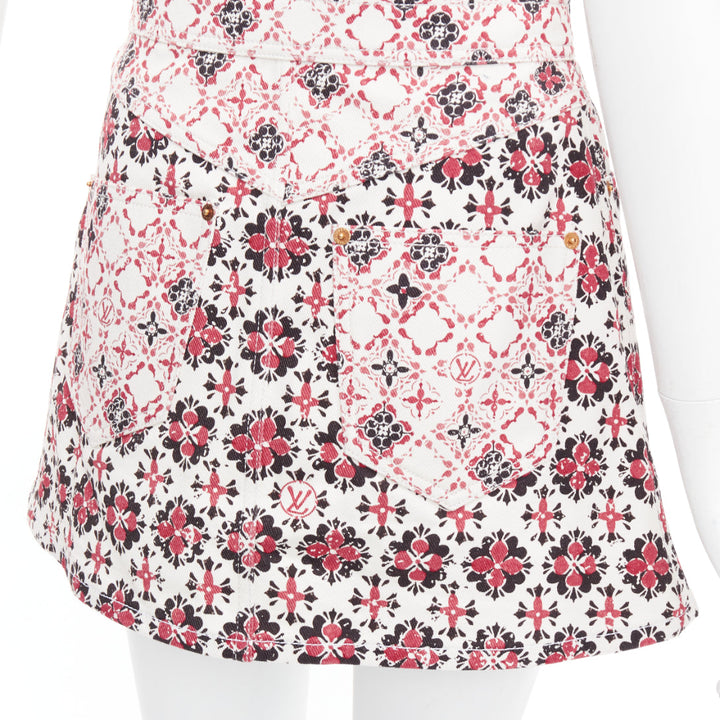 LOUIS VUITTON 2023 Vintage Monogram red cream floral denim zip skirt FR34 XS