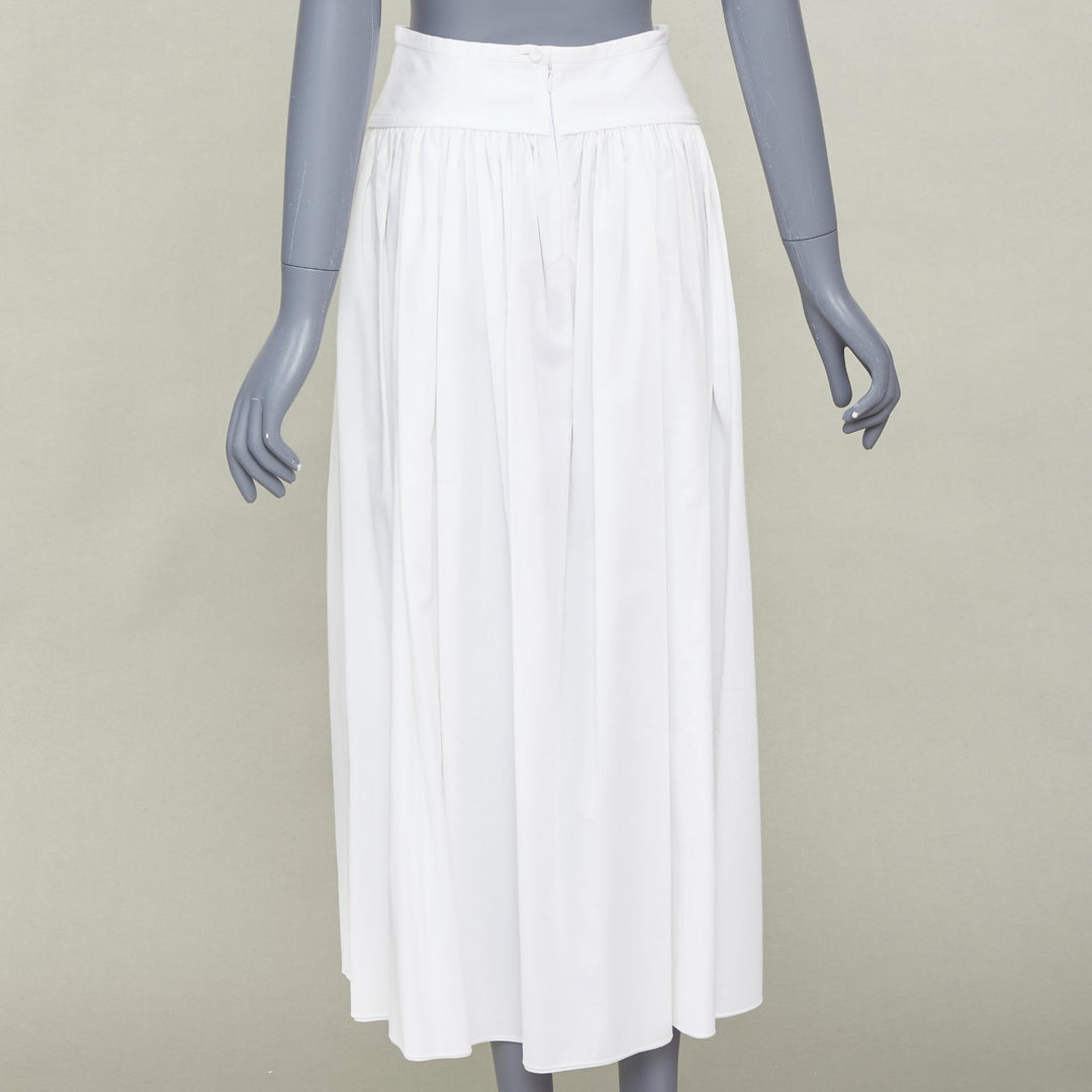 HERMES white cotton linen pleated drop waist casual flared midi skirt FR34 XS