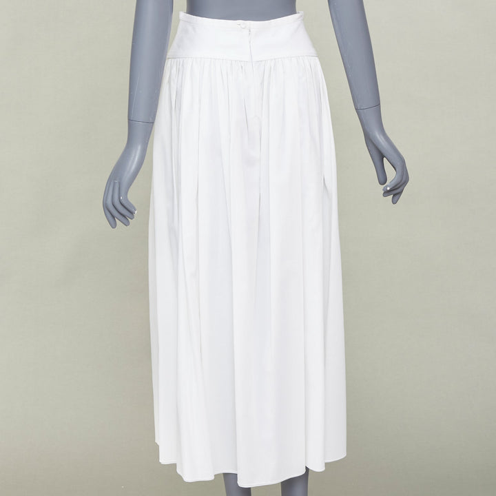 HERMES white cotton linen pleated drop waist casual flared midi skirt FR34 XS