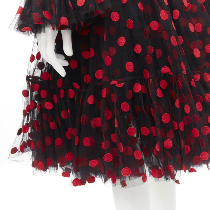 DOLCE GABBANA black red polka dot embroidered tulle flared dress IT40 S