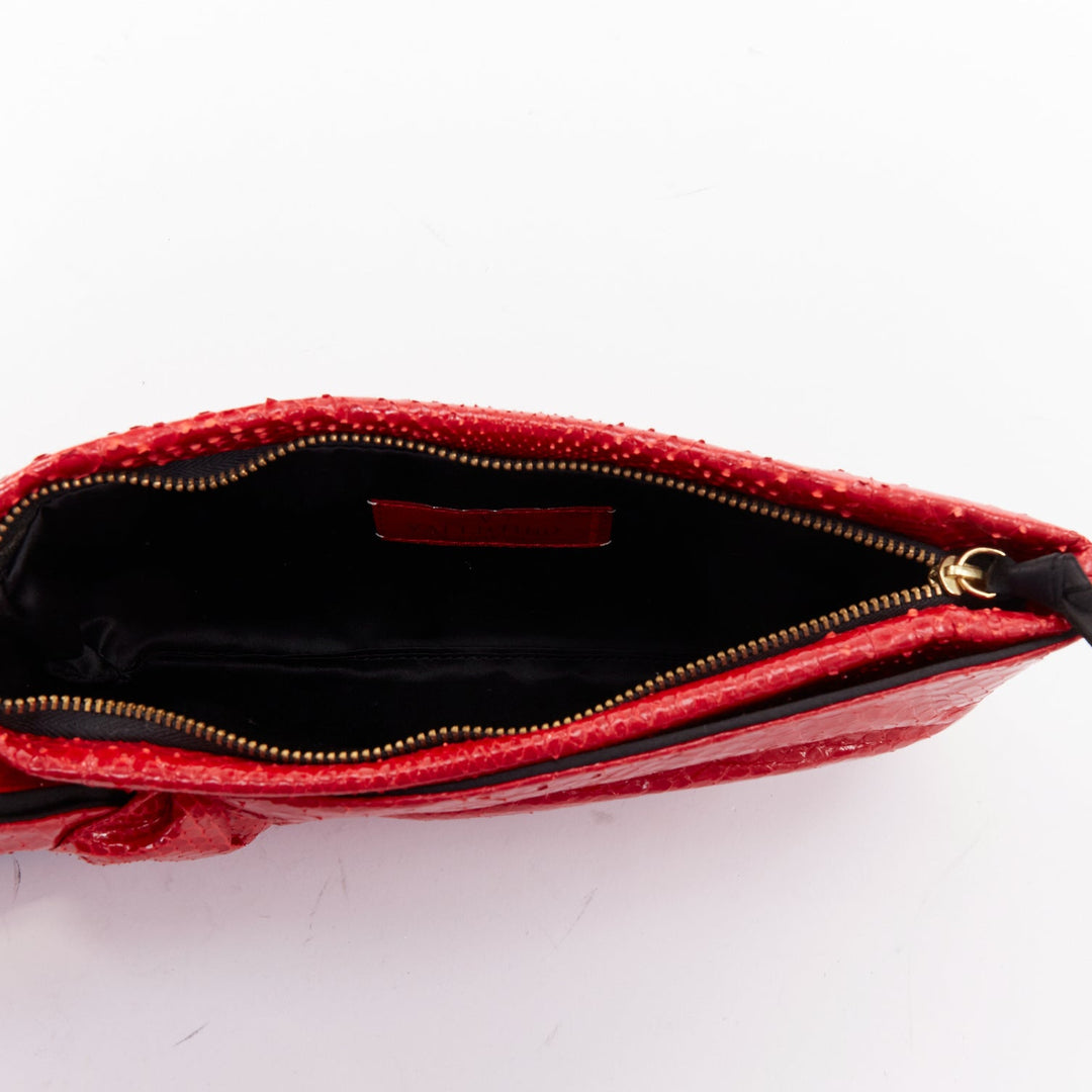 VALENTINO red glossy scaled leather oversized bow top zip evening clutch bag