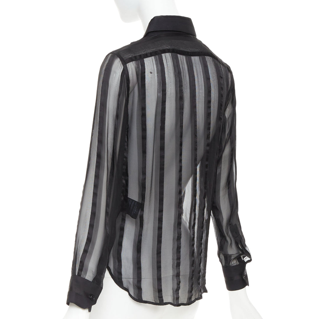 SAINT LAURENT 2013 black 100% silk vertical stripes sheer collared shirt FR36 S