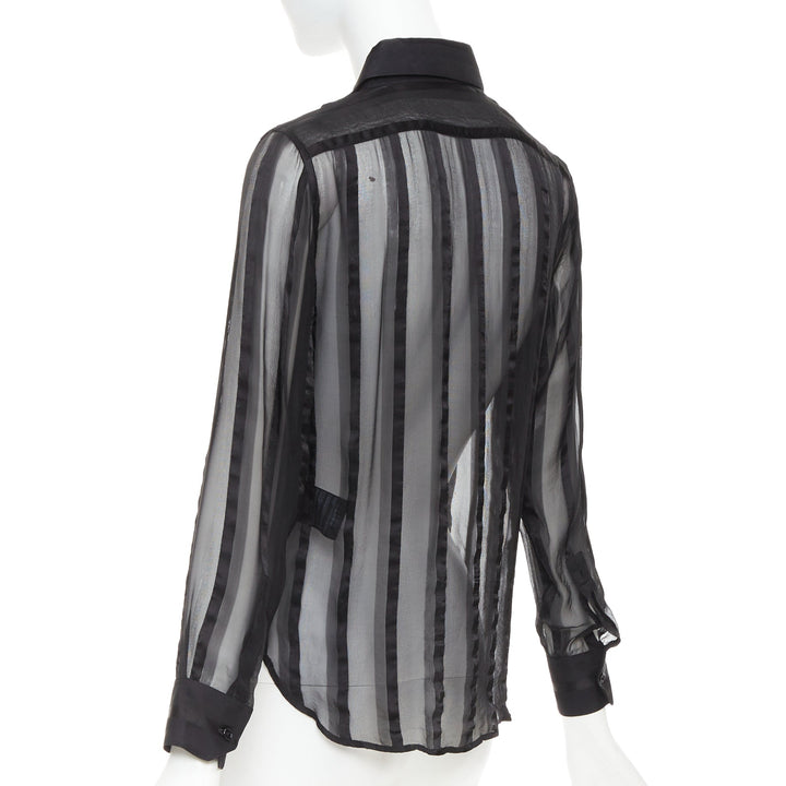 SAINT LAURENT 2013 black 100% silk vertical stripes sheer collared shirt FR36 S
