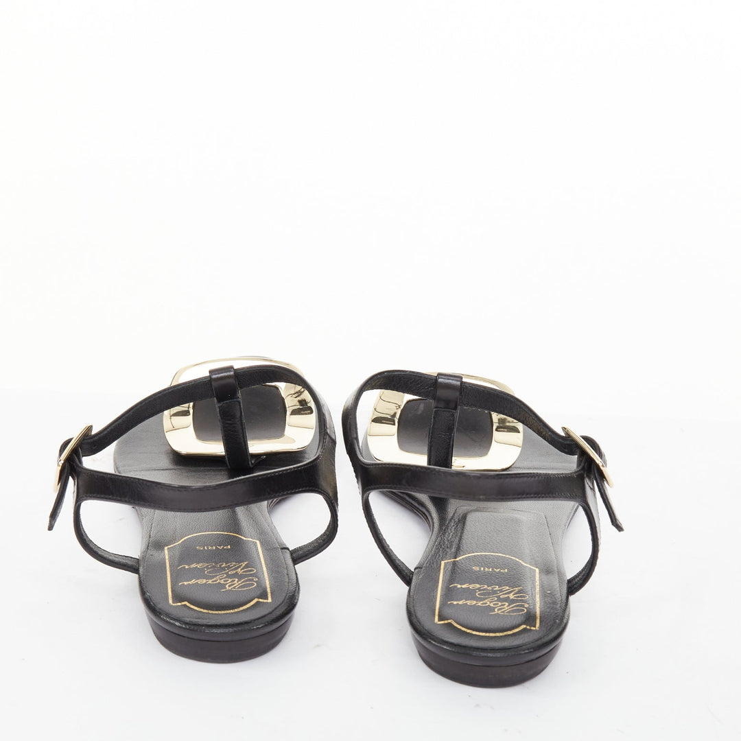 ROGER VIVIER Bikiviv black leather gold buckle tstrap comfort thong sandals EU37
