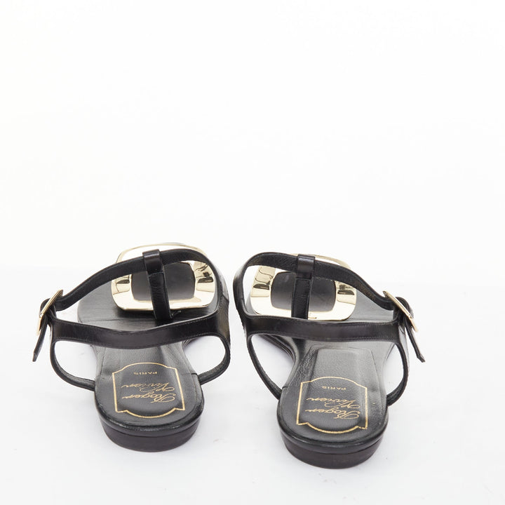 ROGER VIVIER Bikiviv black leather gold buckle tstrap comfort thong sandals EU37