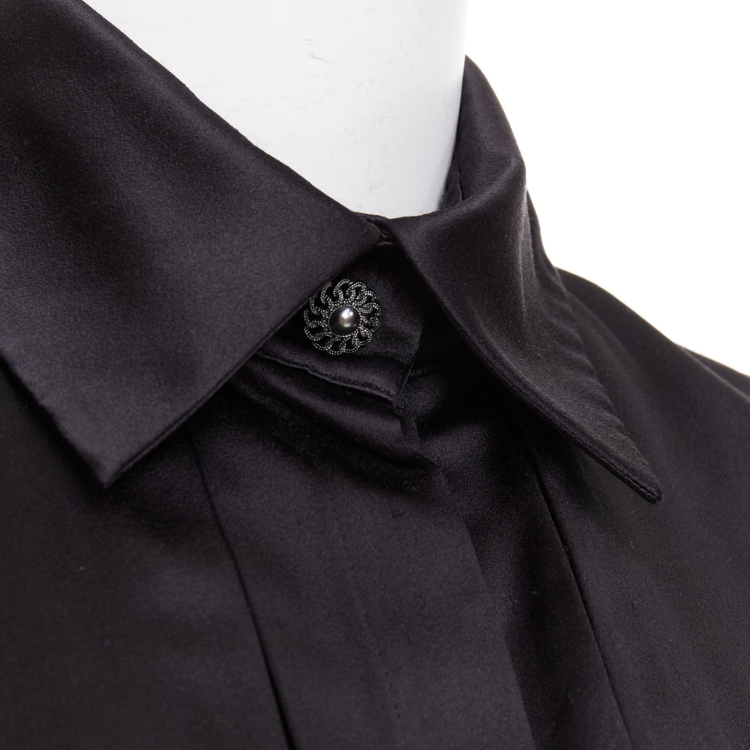 CHANEL black 100% silk pocketed gun flap pleated tunic shirt dress FR34 XS