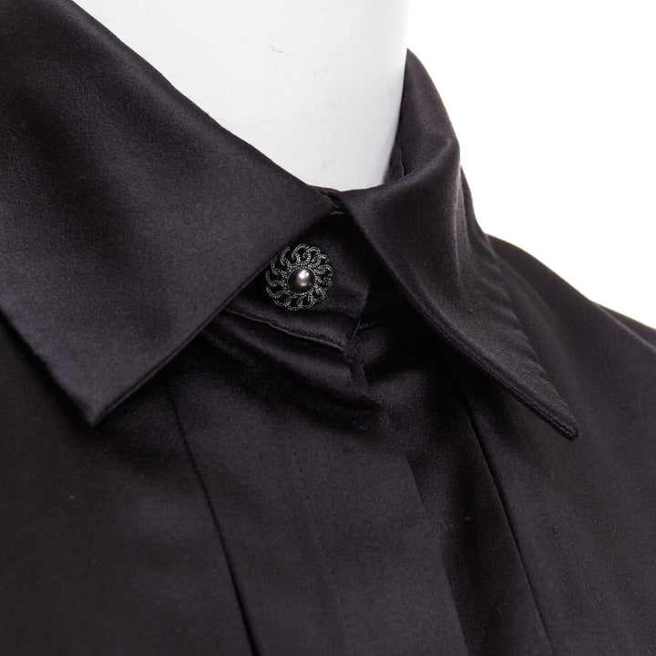 CHANEL black 100% silk pocketed gun flap pleated tunic shirt dress FR34 XS