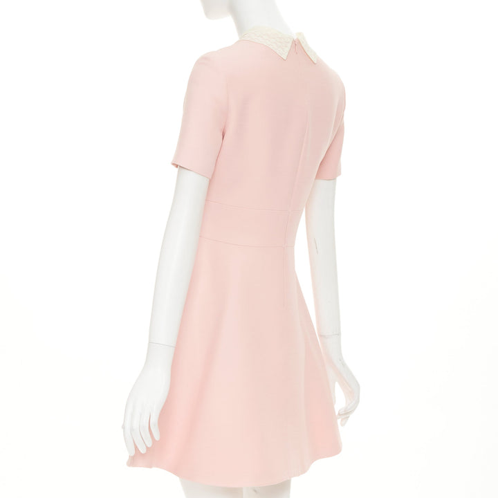 CHRISTIAN DIOR cream lace collar blush pink wool silk fit flare dress FR38 M