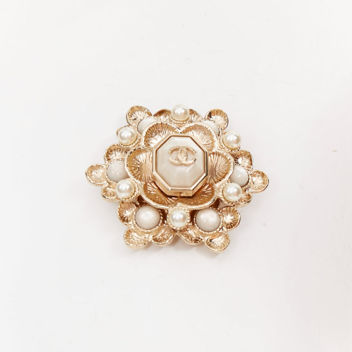 CHANEL B16C gold tone CC faux pearl embellished floral octogon medallion brooch