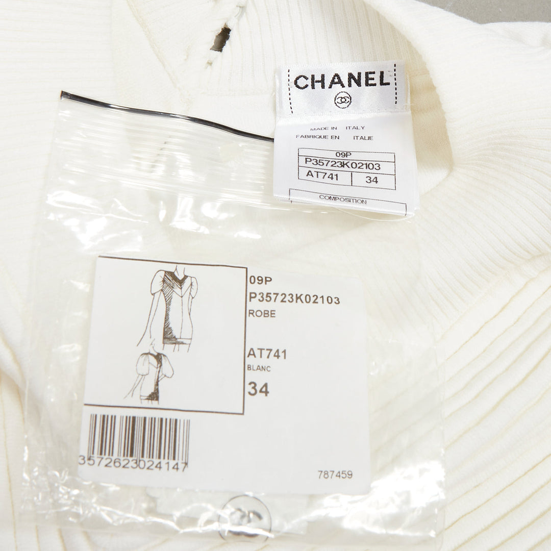 CHANEL 09P white cotton blend chevron puff sleeve CC buttons knit dress FR34 XS
