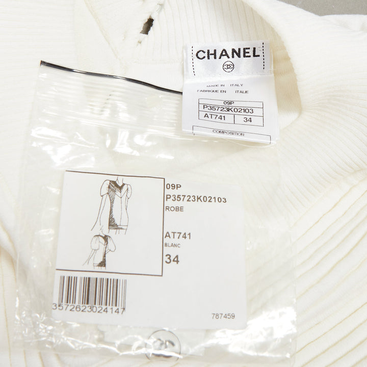 CHANEL 09P white cotton blend chevron puff sleeve CC buttons knit dress FR34 XS