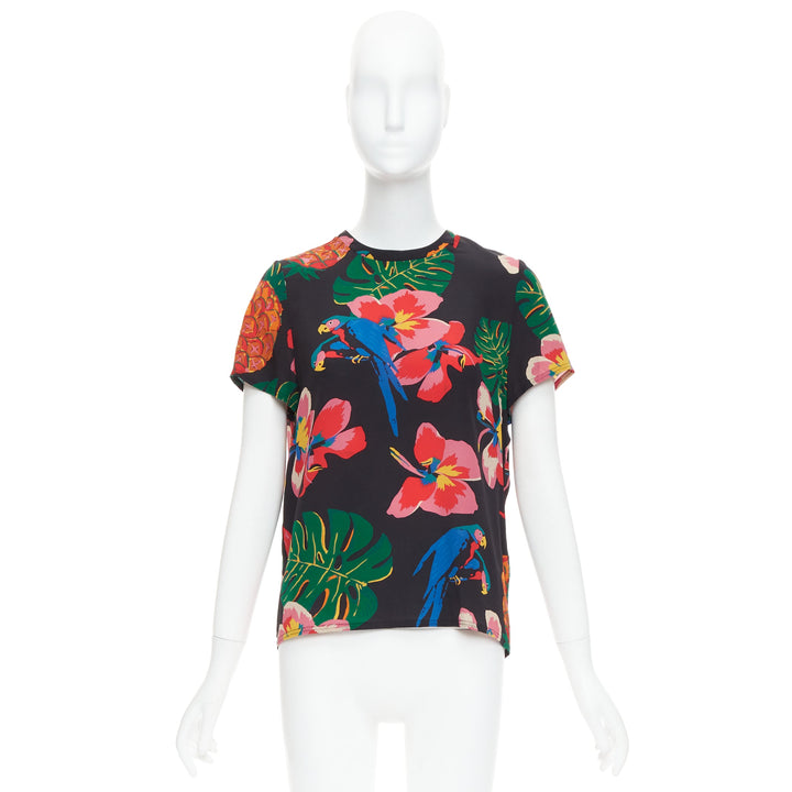 VALENTINO Tropical Couture 100% silk black parrot floral print crew top M