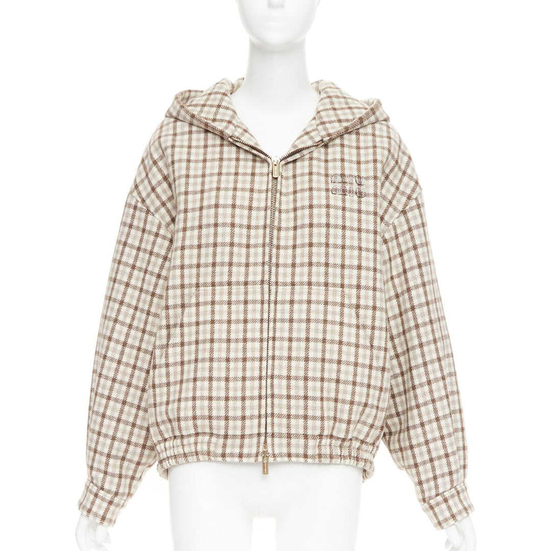 MIU MIU 2023 cocoa brown check logo hooded blouson jacket IT38 XS ASAP Rocky