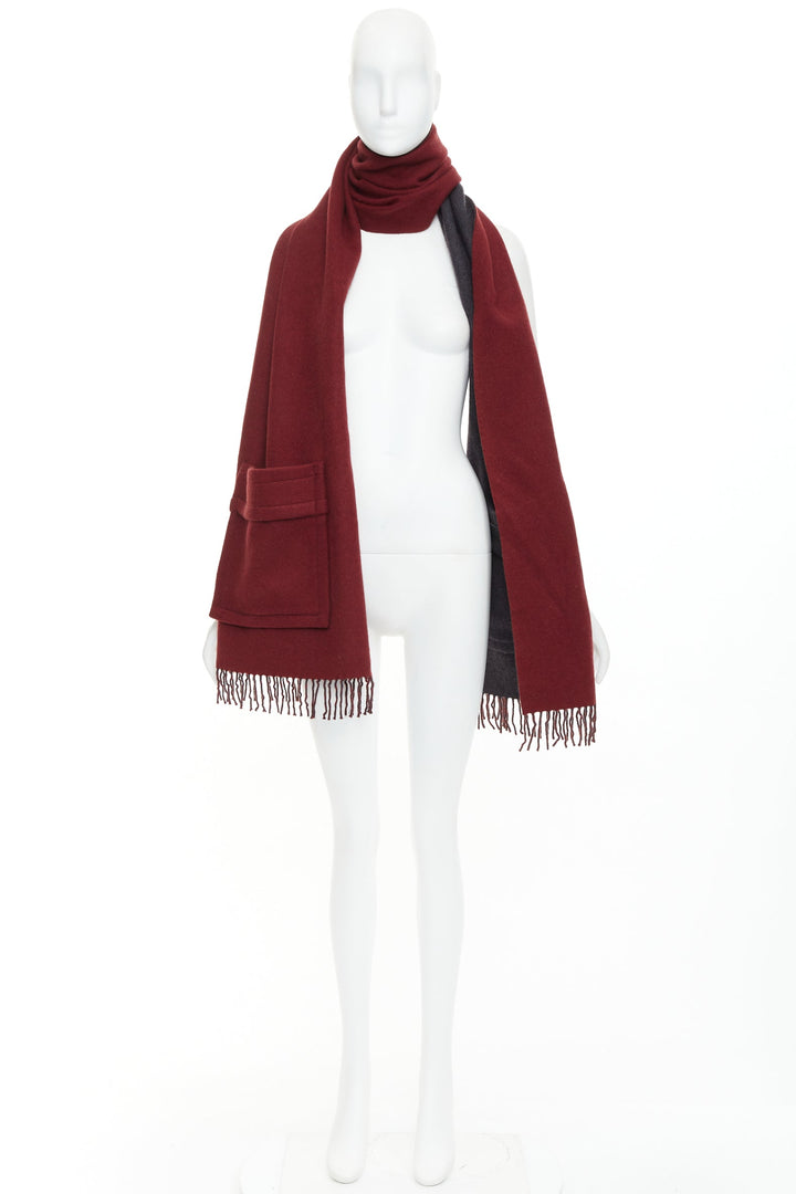 FENDI  100% cashmere burgundy grey bicolor pocket fringed long scarf