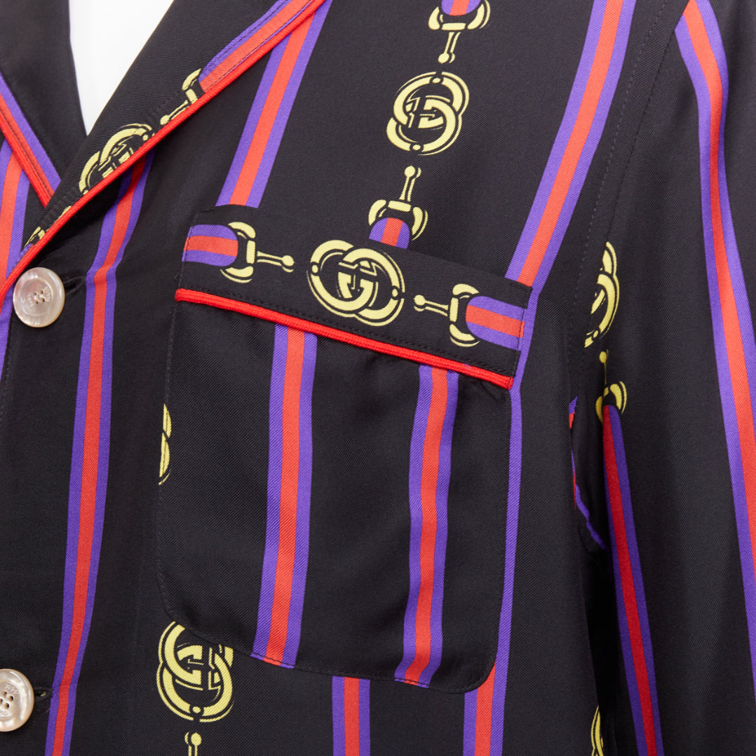 rare GUCCI GARDEN 100% silk black purple GG stripe pajama blouse shirt XXS