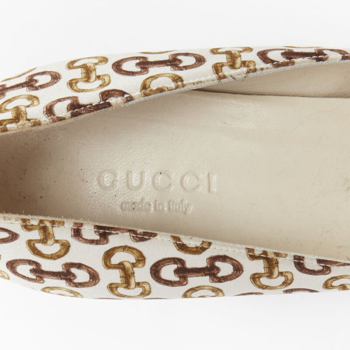 GUCCIN Vintage white leather trim brown horsebit bamboo print satin pump EU36 C