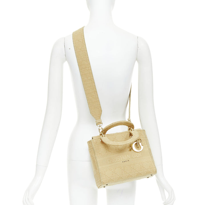 CHRISTIAN DIOR Lady D-Lite Medium Cannage beige canvas CD charm top handle bag