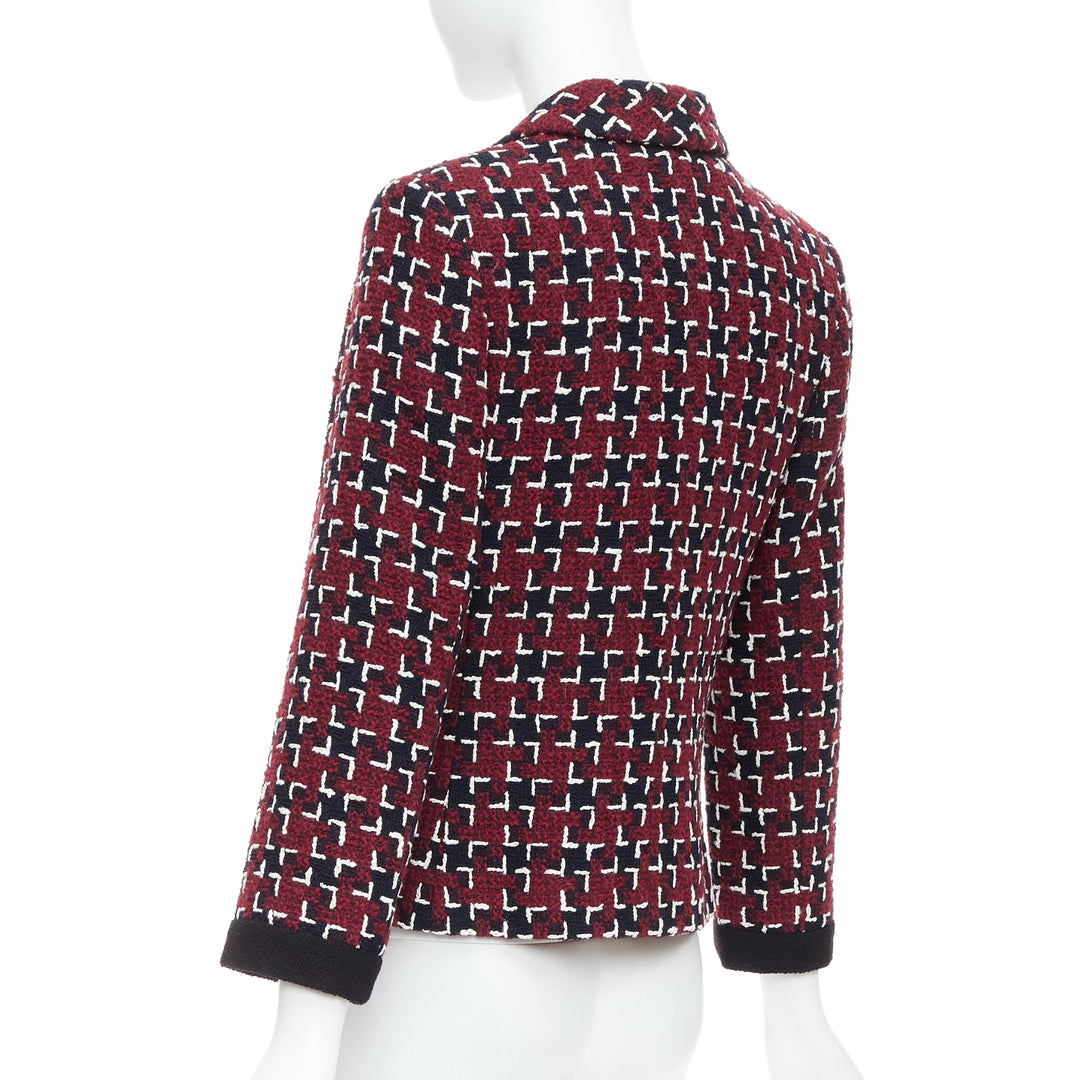 CHANEL 15A Runway Brassiere burgundy black geometric CC tweed jacket FR36 S