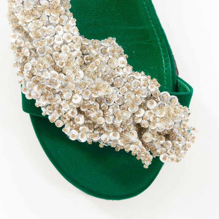BALENCIAGA 2017 Tess emerald green satin silver sequin open toe flat sandal EU37