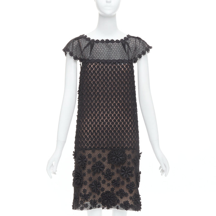 PRADA 2011 black cotton floral applique lace silk lined dress IT38 XS