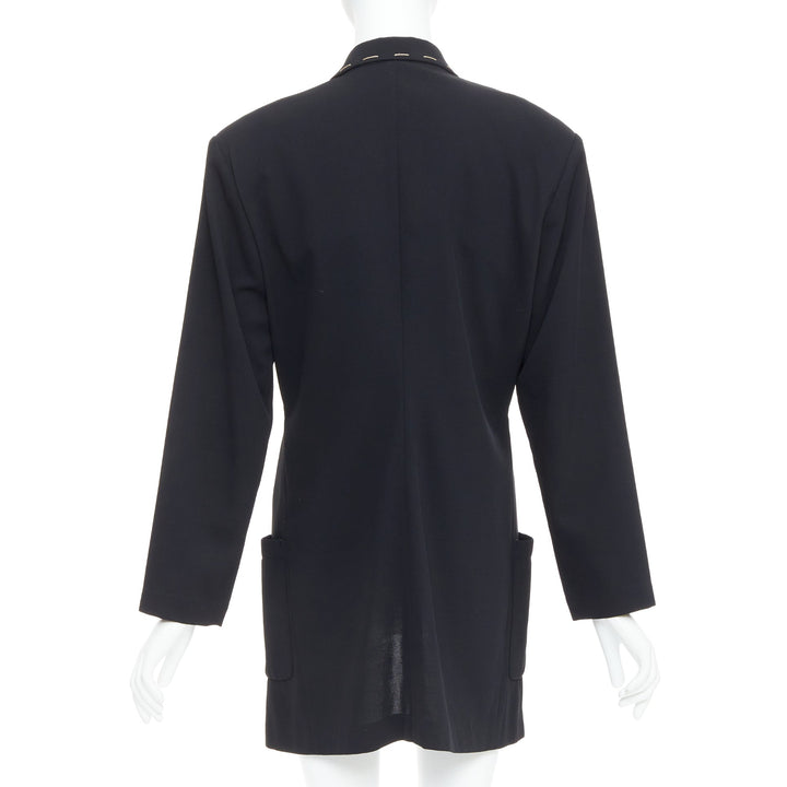 YOHJI YAMAMOTO black wool blend handstitched detail long blazer coat S