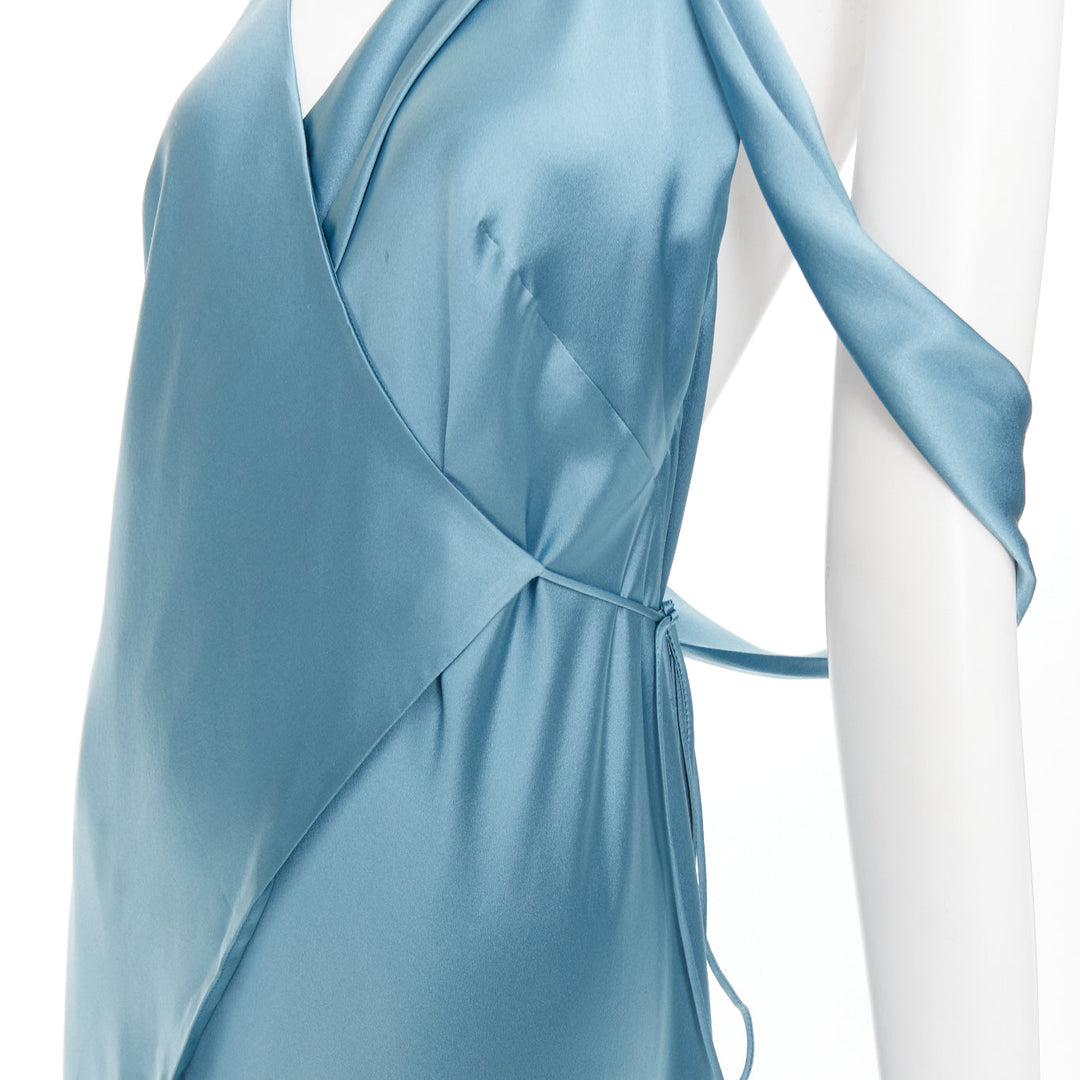 MICHELLE MASON teal blue 100% silk strappy cowl wrap high slit gown dress US4 S