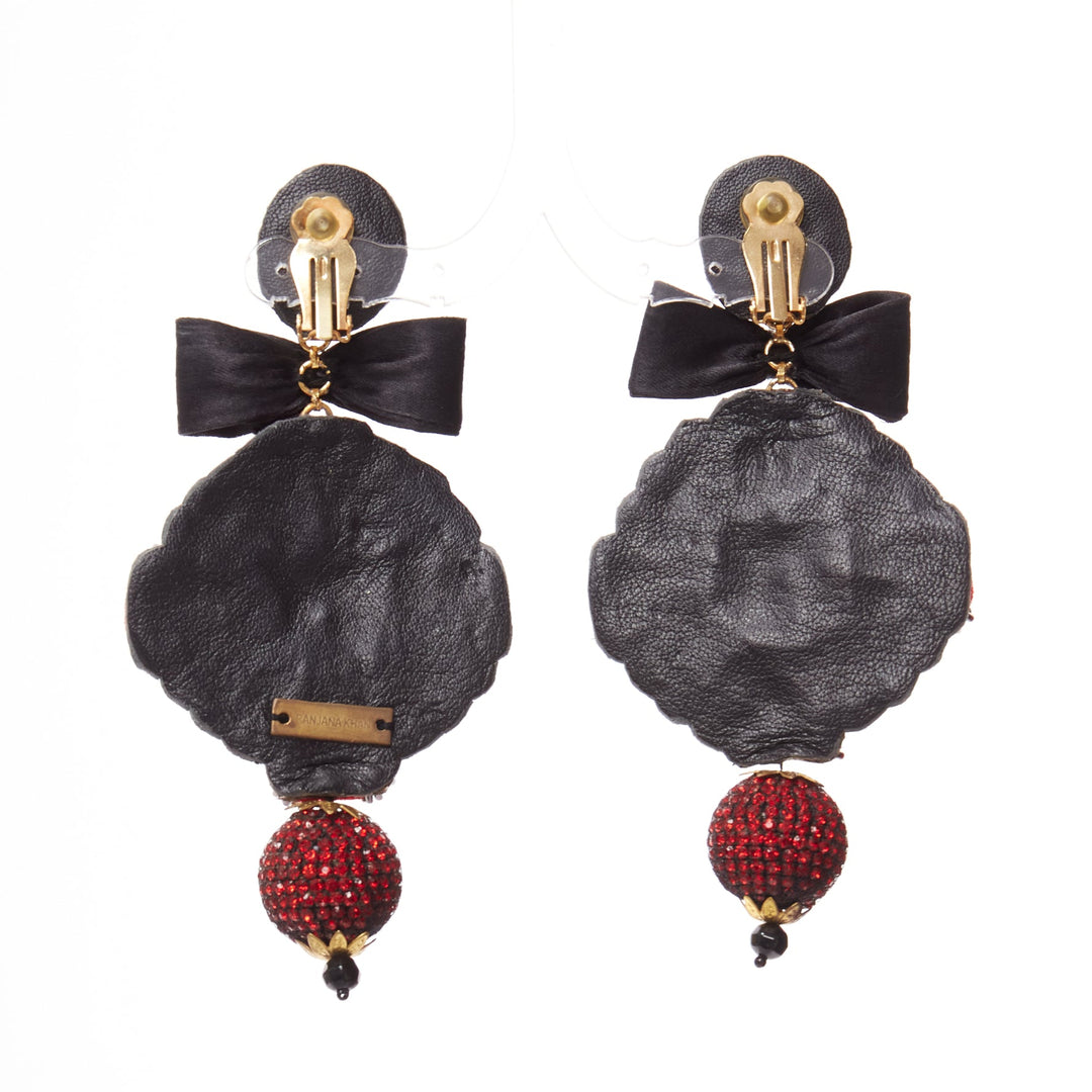 RANJANA KHAN red black ethnic bow crystal ball dangling clip on earrings