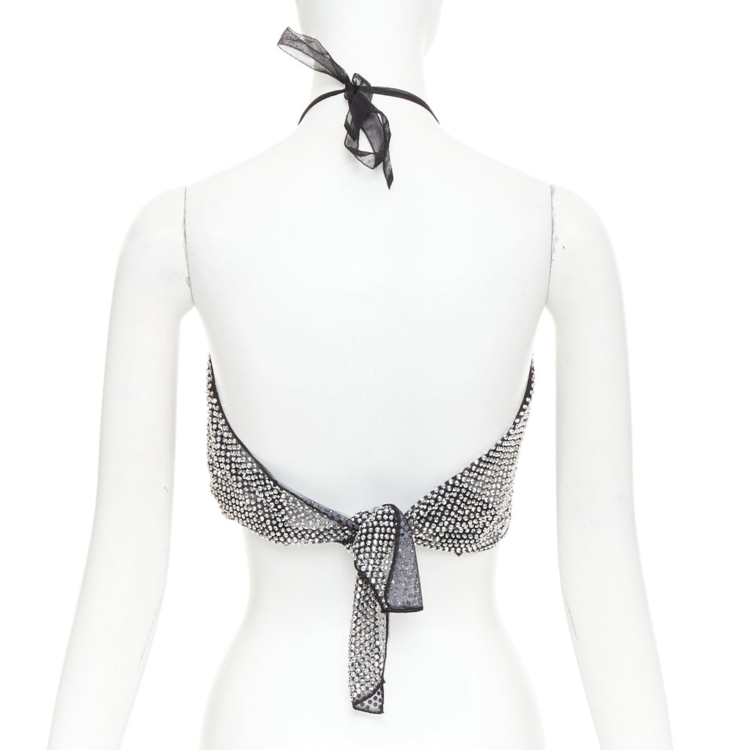PRADA 2021 silver crystal rhinestone mesh halter neck crop top IT36 XXS