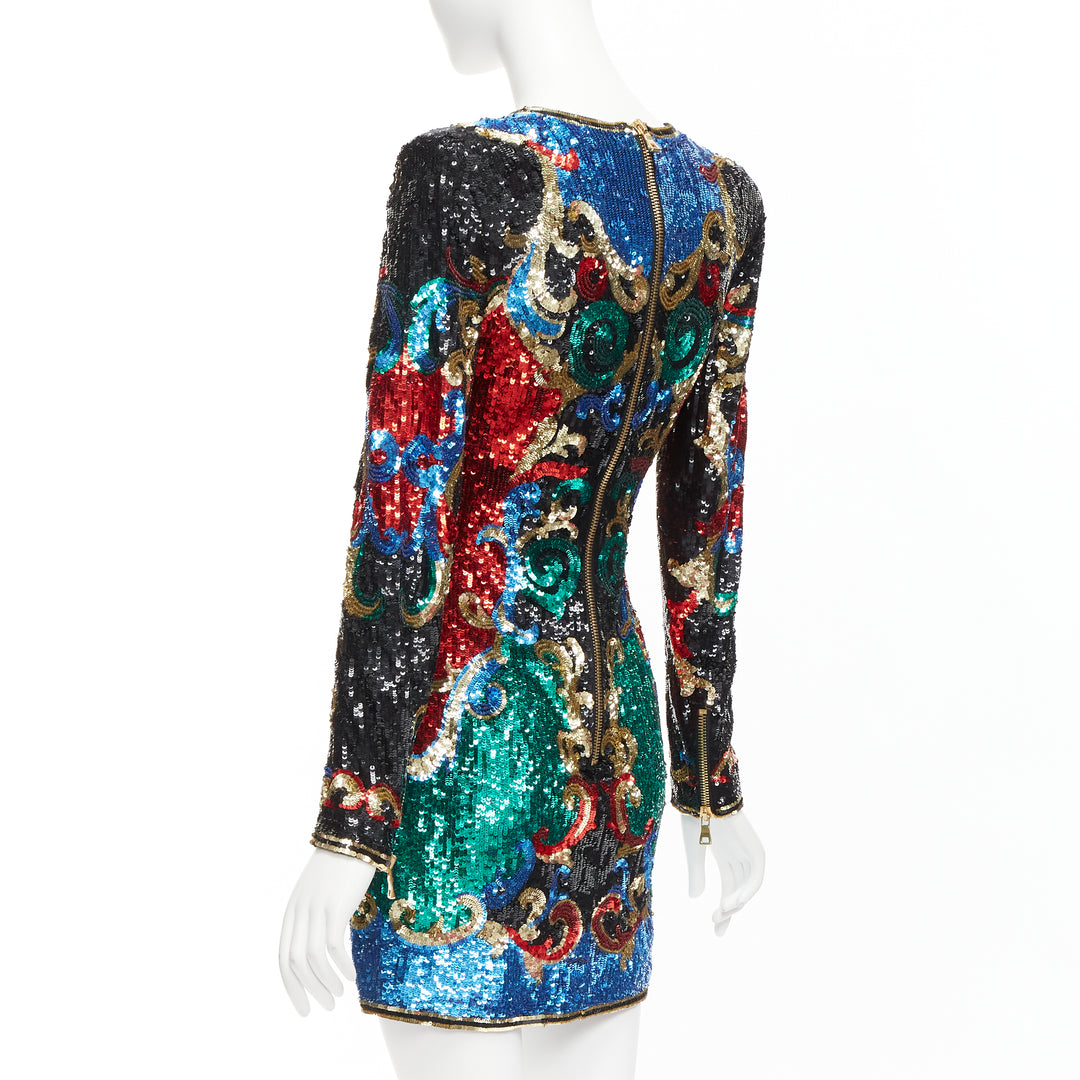 BALMAIN 2016 Runway 1970's baroque sequins V neck mini dress FR36 S Paris Hilton