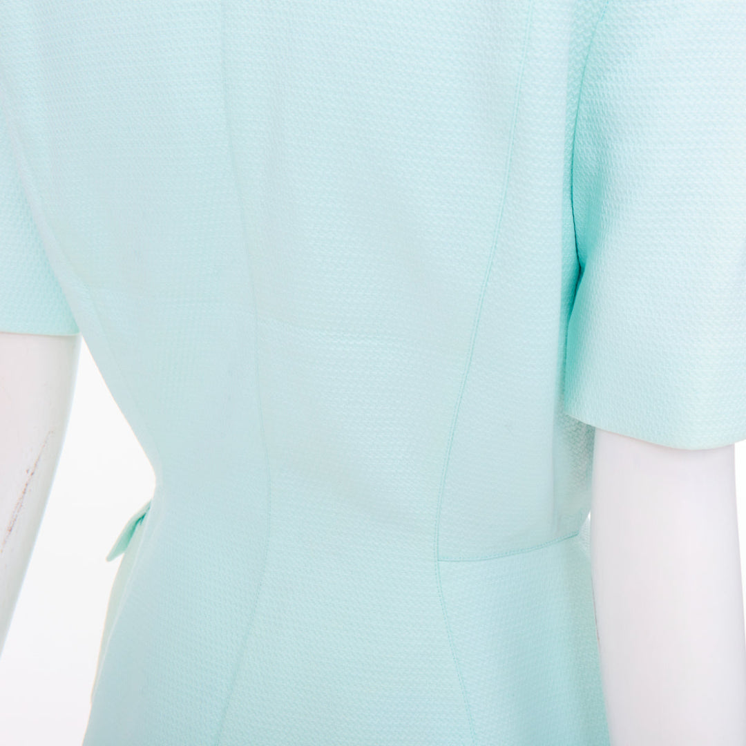 THIERRY MUGLER Vintage pale blue wool textured short sleeve peplum skirt suit