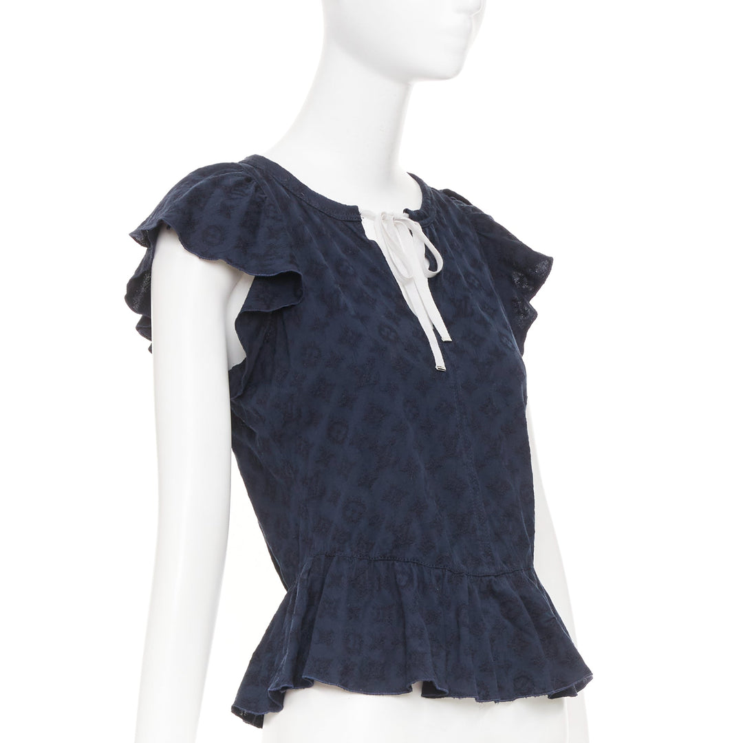LOUIS VUITTON black monogram denim ruffle keyhole cap sleeve peplum blouse S