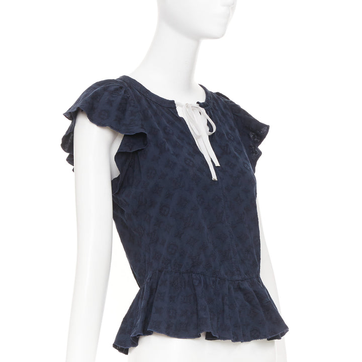 LOUIS VUITTON black monogram denim ruffle keyhole cap sleeve peplum blouse S