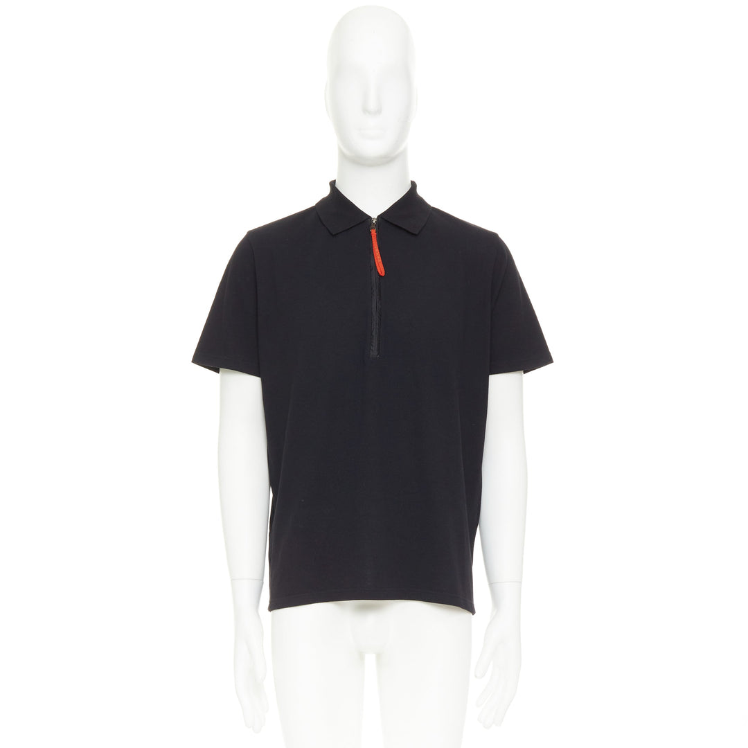 PRADA Linea Rossa black cotton pique red pull half zip polo shirt L