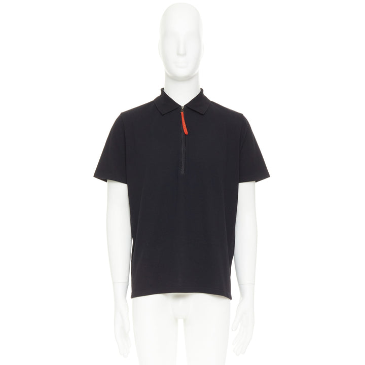 PRADA Linea Rossa black cotton pique red pull half zip polo shirt L