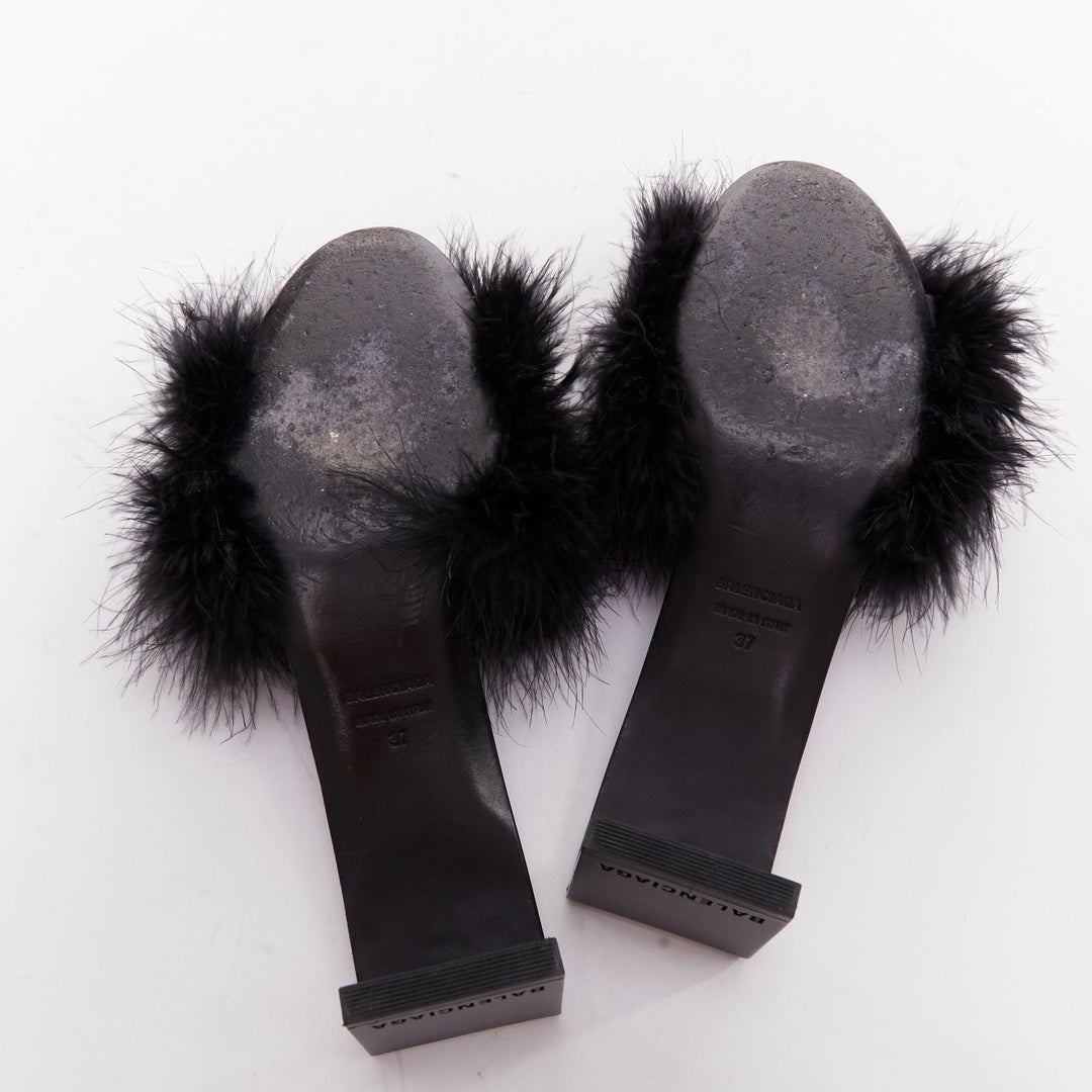 BALENCIAGA Boudoir black feather open toe slipper mule sandals EU37