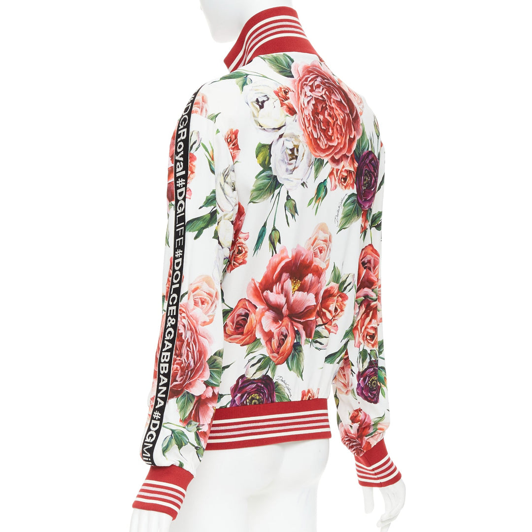 DOLCE GABBANA red rose floral print striped silk track bomber jacket IT36 XXS
