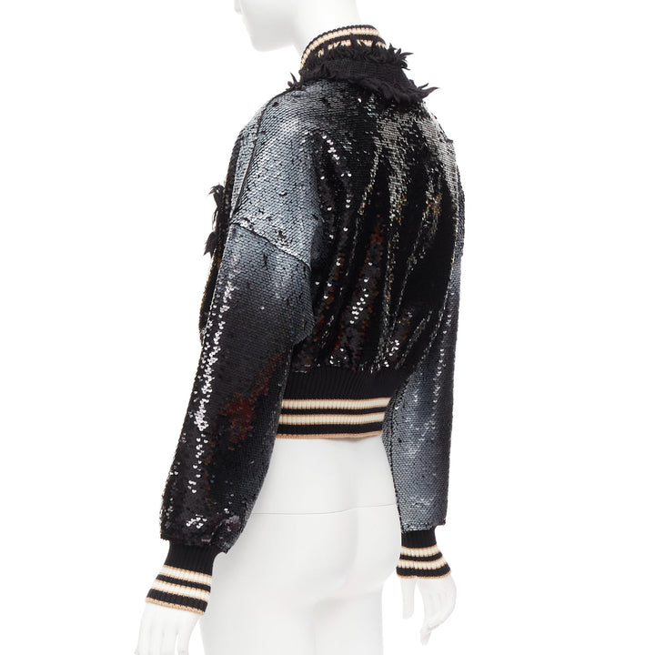 AVIU black white spray paint effect sequins cropped bomber jacket IT38