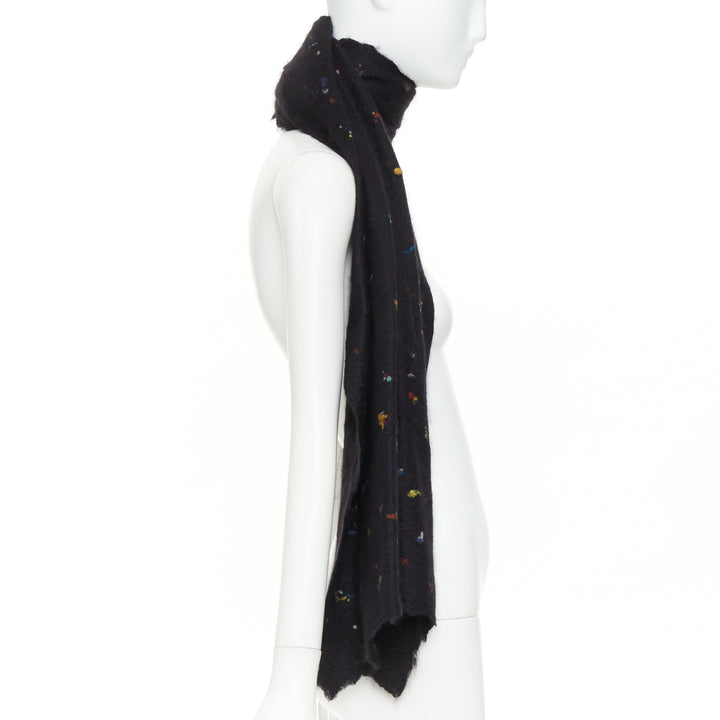 CHANEL 2024 black confetti speckle cashmere wool silk CC embroidered logo scarf