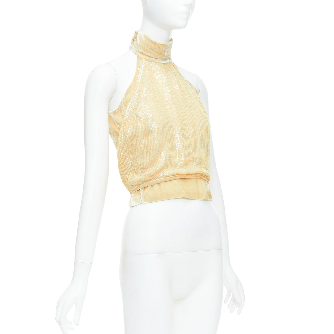 rare GIANFRANCO FERRE Vintage cream beaded velvet layered halter top IT42 M