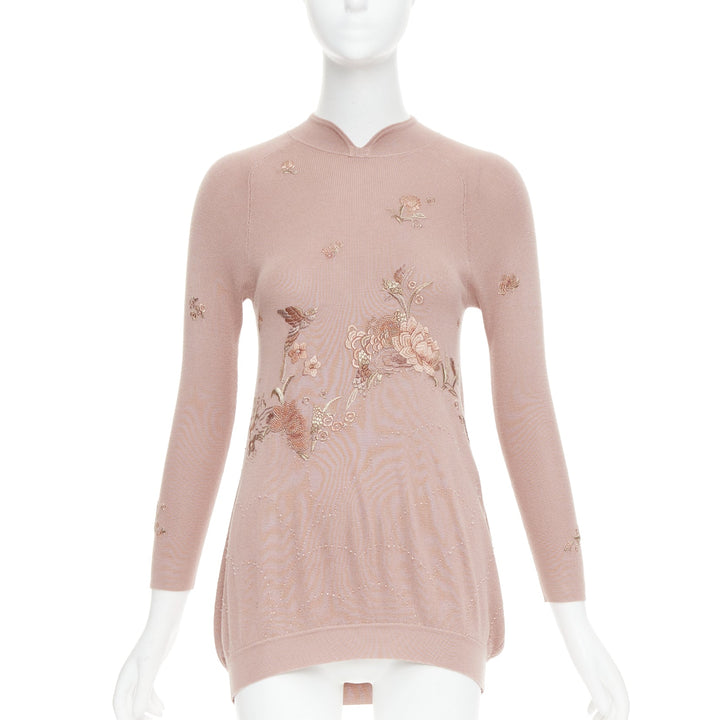 SHIATZY CHEN dusty pink modal oriental embroidery qipao collar sweater IT40 S