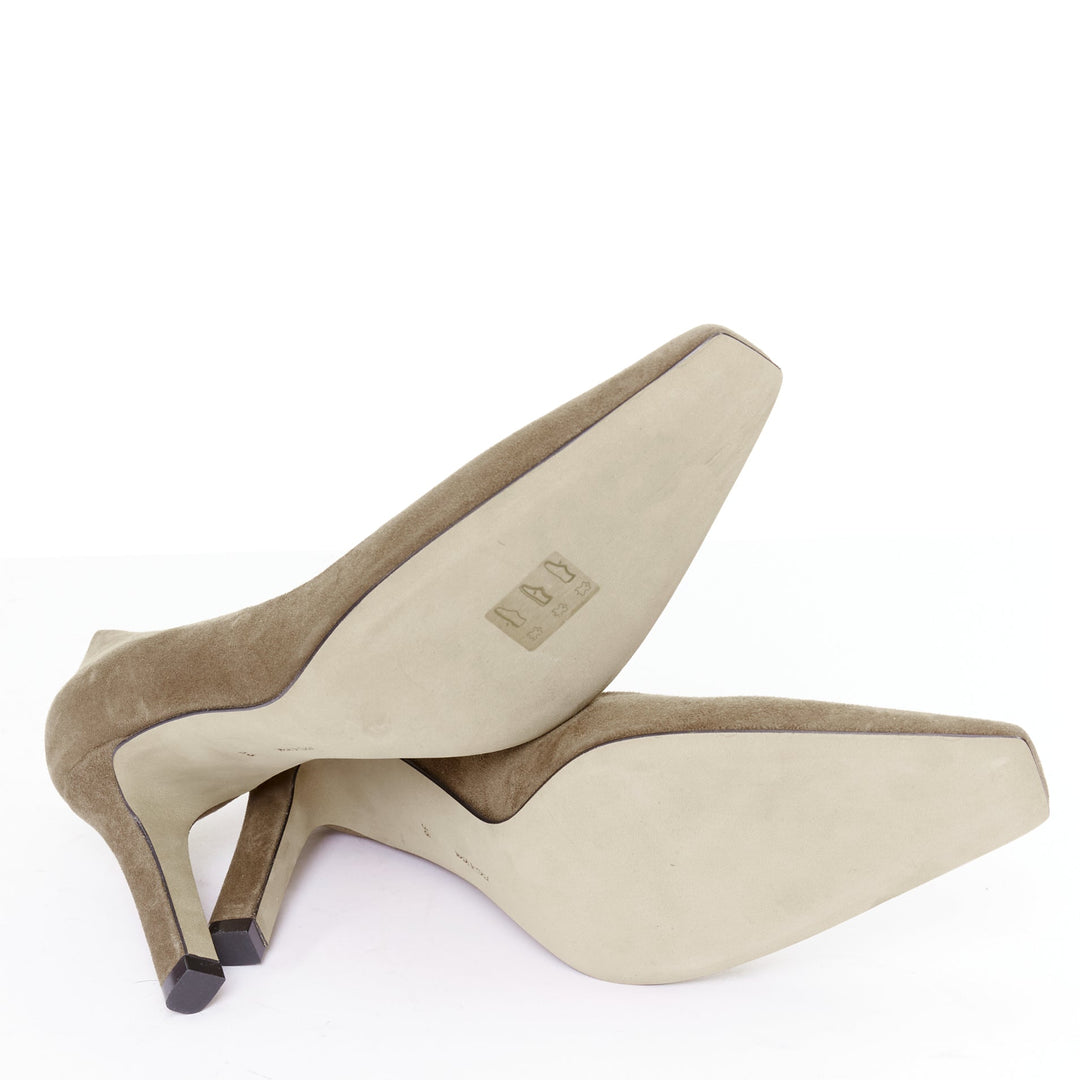 THE ROW Carla 80 dark taupe goatskin suede elongated square toes pumps EU38