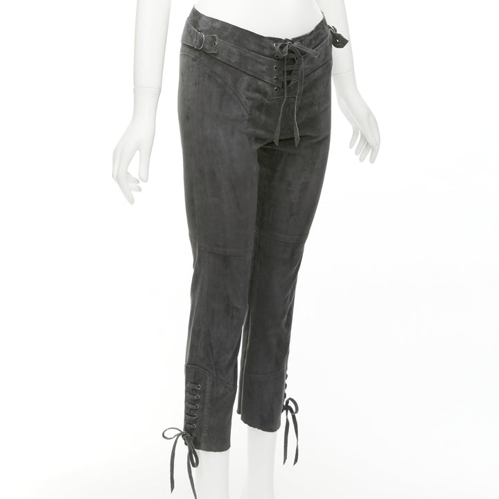 ISABEL MARANT grey suede leather side buckles lace up cropped pants