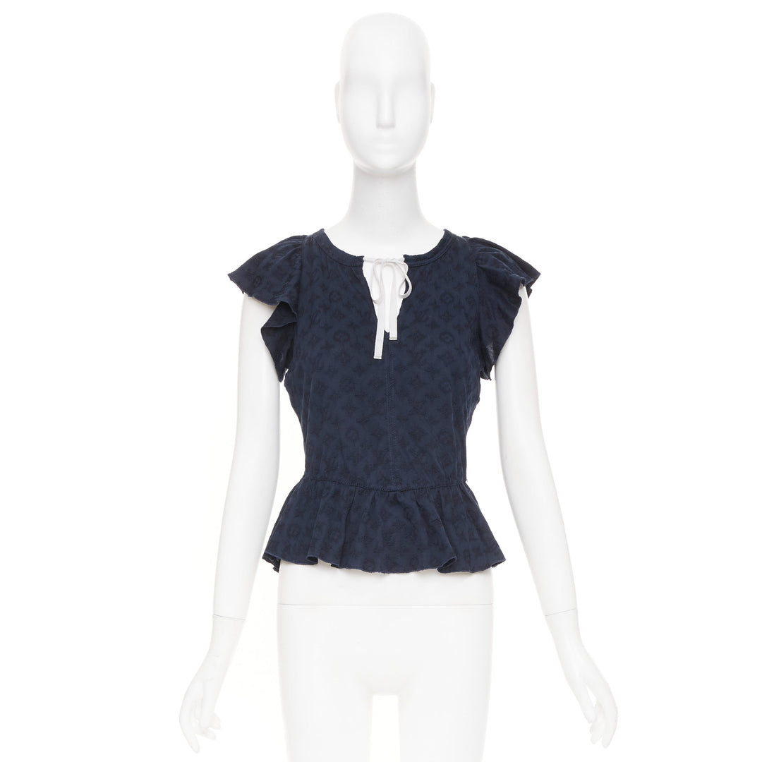 LOUIS VUITTON black monogram denim ruffle keyhole cap sleeve peplum blouse S
