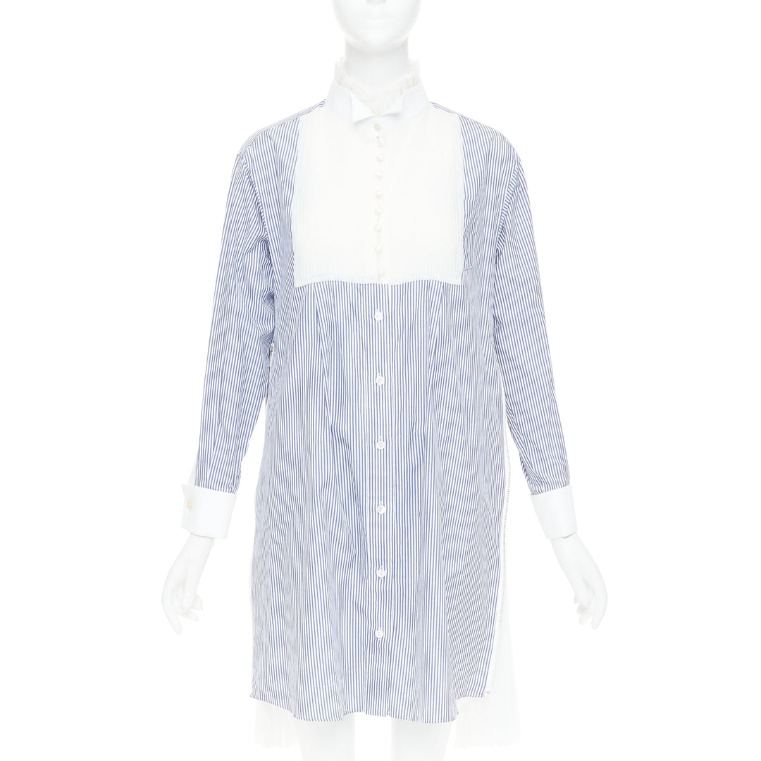 SACAI 2017 blue white striped cotton poplin bib collar ruffle shirt dress JP1 S