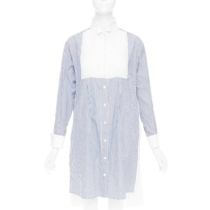 SACAI 2017 blue white striped cotton poplin bib collar ruffle shirt dress JP1 S