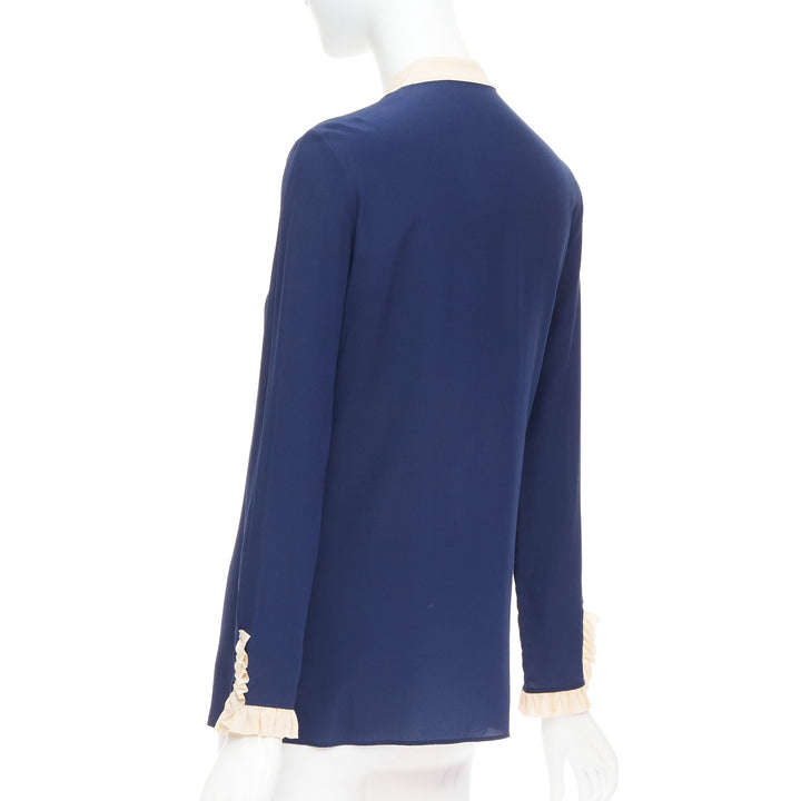 GUCCI 2017 navy 100% silk GG pearl buttons ruffle trim blouse shirt IT40 S
