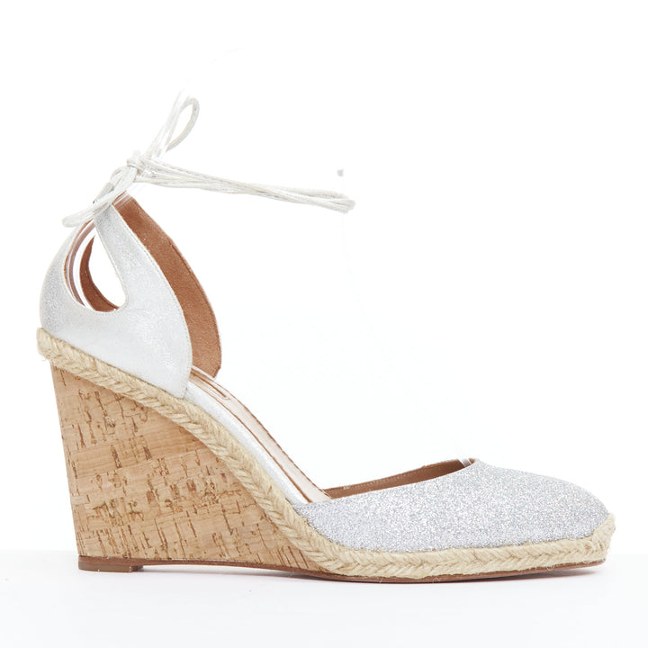 AQUAZZURA Palm Beach metallic glitter cork wedge sandals EU39