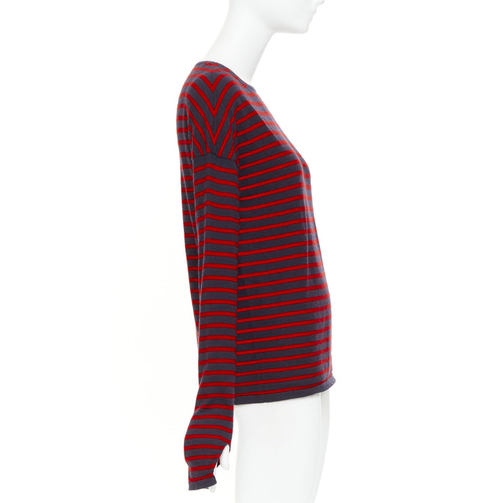 BARRIE 100% cashmere navy red fringe applique asymmetric striped sweater S