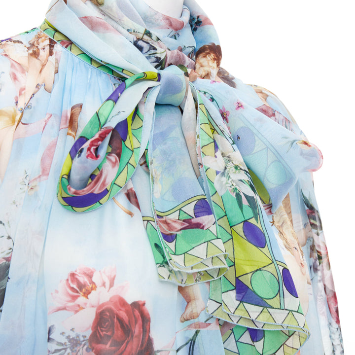 DOLCE GABBANA  100% silk blue Cherub Cupids print pussybow sheer blouse IT40 S